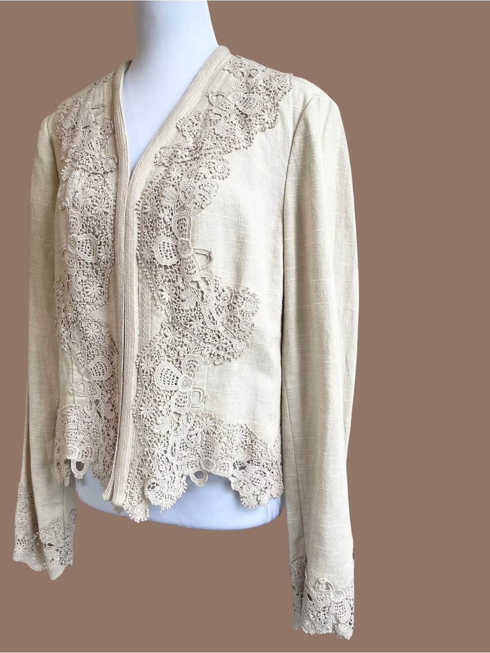 Linen Blend Crochet Trim Blazer Jacket Beige Cream Boho Cottagecore Size M